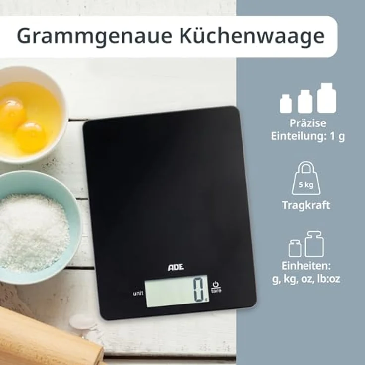 ADE Digitale Küchenwaage KE 1800-4 Leonie (Elektronische Waage für Küche und Haushalt, extrem flach, präzises Wiegen bis 5 kg, Zuwiegefunktion) schwarz – Bild 3