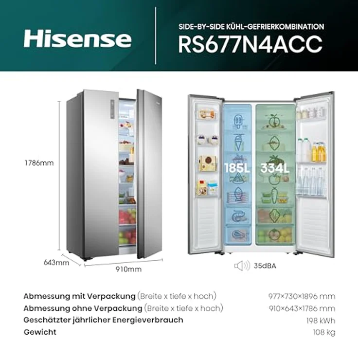 Hisense RS677N4ACC 20011475 Side-by-Side-Kühlschrank, freistehend, inoxfarben, Energieklasse C – Bild 3