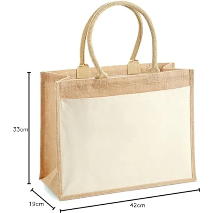 Westford Mill W427 Cotton Pocket Jute Shopper, Laminierte Jutefaser mit Baumwoll-Vordertasche, 42 x 33 x 19 cm, Einheitsgröße, Tragegrifflänge 55 cm – Bild 4