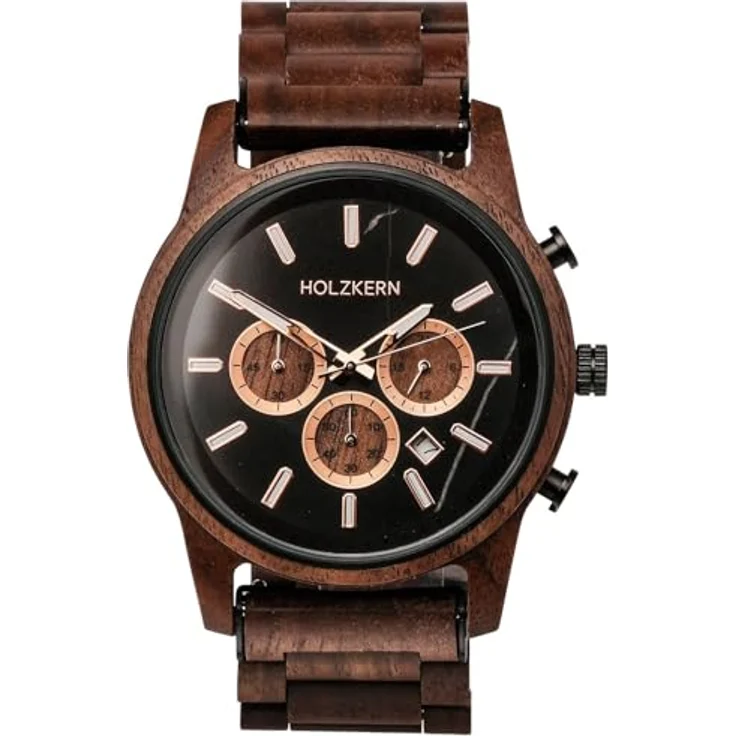 HOLZKERN Herrenuhr Quarz Chronograph Buschwerk Walnuss/Marmor, schwarzes Zifferblatt, braunes Holzarmband mit Kalenderfunktion – Bild 2