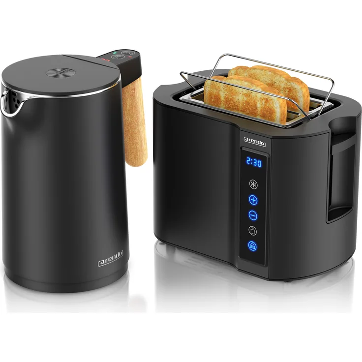 Arendo Frühstücks-Set, Edelstahl Wasserkocher mit Temperatureinstellung 1,5l und Toaster für 2 Scheiben Kurzschlitz, Brötchenaufsatz, Touch, schwarz