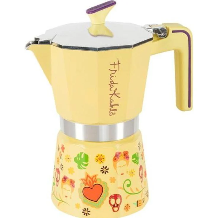 Pedrini Frida Kahlo Mokka-Kanne, 6TZ, gelb, mit ergonomischem Griff und kunstvoller Dekoration