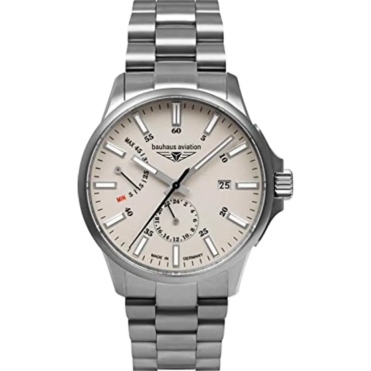 Bauhaus Aviation Herrenuhr mit Titanband Automatik 10 ATM Saphirglas Gangreserve Datum 2860M-5, Made in Germany, Titan Gehäuse, 24 Stunden Anzeige, Japanisches Automatik Uhrwerk Miyota 9134, Wassergeschützt 10 ATM, Titan Glieder Armband, silberfarbenes Zifferblatt