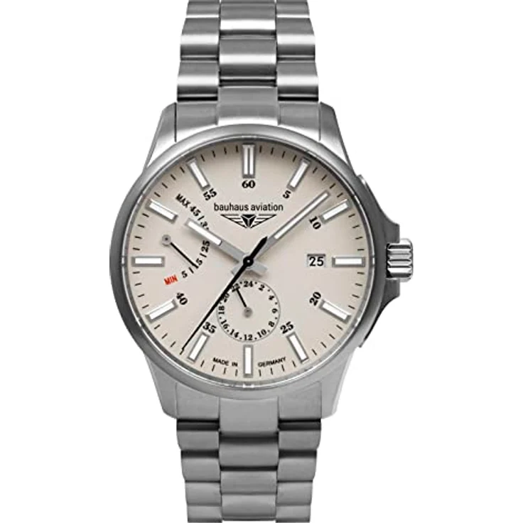 Bauhaus Aviation Herrenuhr mit Titanband Automatik 10 ATM Saphirglas Gangreserve Datum 2860M-5, Made in Germany, Titan Gehäuse, 24 Stunden Anzeige, Japanisches Automatik Uhrwerk Miyota 9134, Wassergeschützt 10 ATM, Titan Glieder Armband, silberfarbenes Zifferblatt – Bild 1