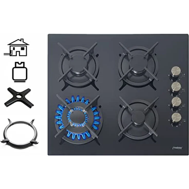 Phönix PG-604ST Gaskochfeld 4 flammig Glas Gaskocher Einbauherd + WOK-Aufsatz + Herdkreuz – Bild 2