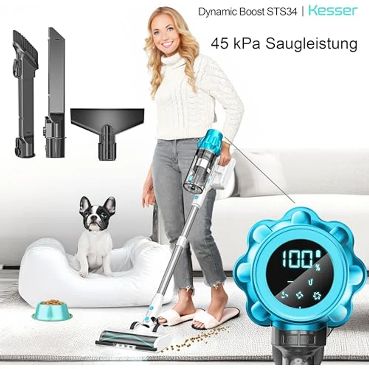 KESSER® Akku Staubsauger STS34, kabellos mit 70 Min. Laufzeit, HEPA-Filter und LED Display, beutellos mit Anti-Tangle-Bodenbürste für Hartböden und Teppiche – Bild 2