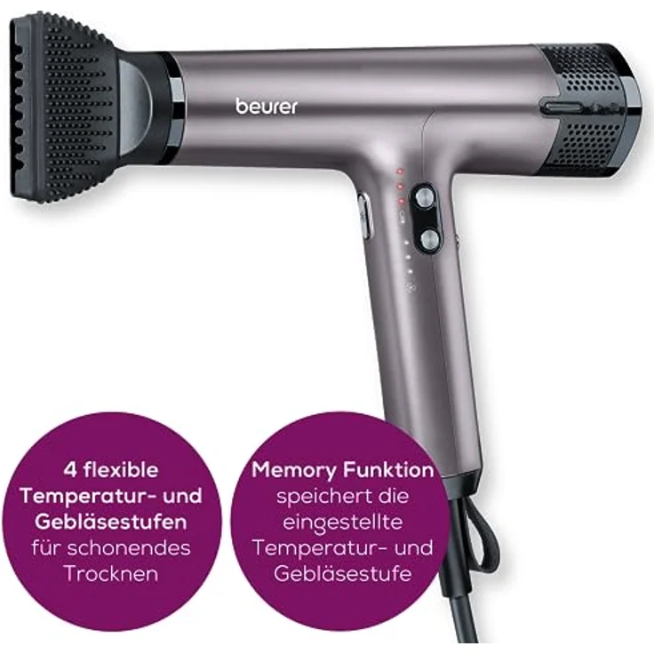 Beurer HC 100 Excellence Haartrockner, Föhn mit Digitalmotor, extrem kraftvoll und ultra leichtes Gewicht, 4 Temperatur- & Gebläsestufen für schnelles und schonendes Trocknen, Stylingdüse & Diffusor – Bild 3