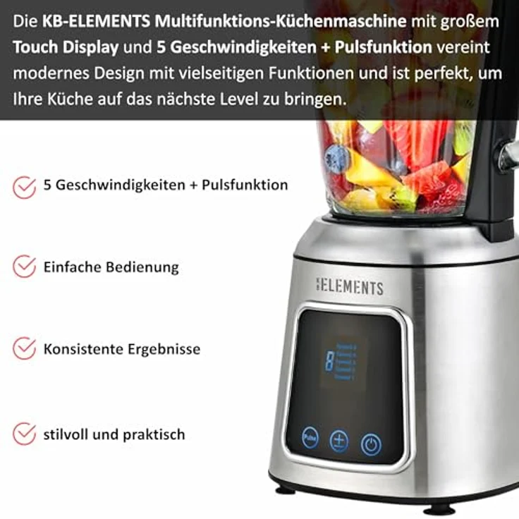 KB Elements Standmixer ELK303G, 600 W Vollkupfer-Motor, 1,5 L Glas-Mixer, Full-Touch-Display mit 5 Geschwindigkeiten, Edelstahlgehäuse – Bild 2