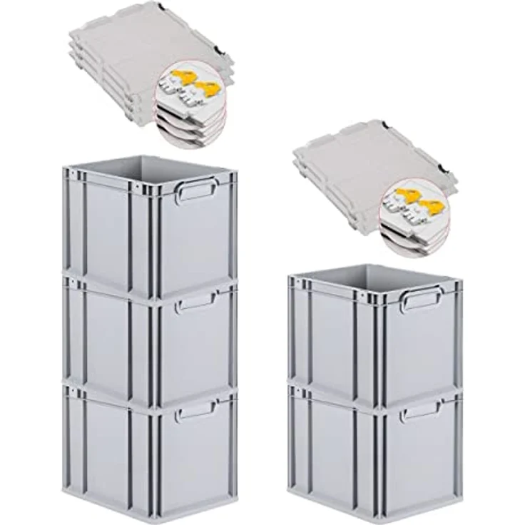 PROREGAL Eurobox NextGen Grip, 5er Set mit Scharnierdeckel, 30 L, grau, resistente Transportbox mit gelben Schiebeschnappverschlüssen, HxBxT 32x30x40cm – Bild 1