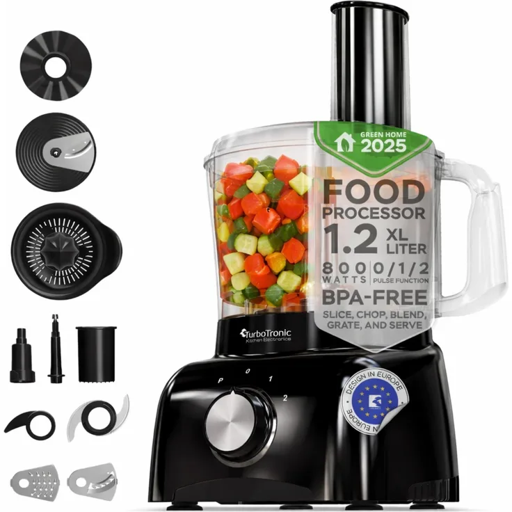 TurboTronic FP800, 800 W Küchenmaschine mit 1,2 L BPA-freiem Behälter, Zerkleinerer, Zitruspresse, Mixer, schwarz mit Edelstahl-Akzenten