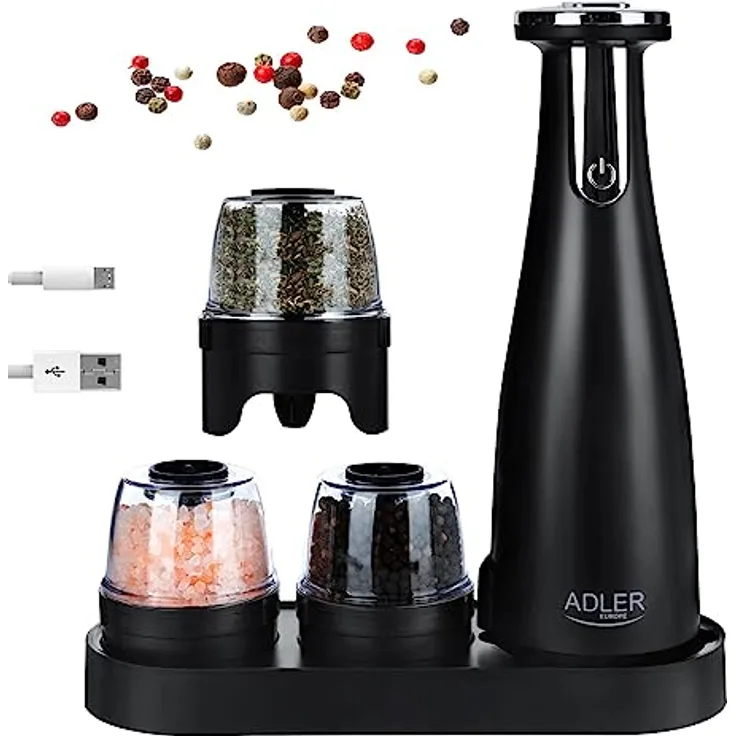 Adler Europe Elektrische Salz Und Pfeffermühle Set - Salz Und Pfeffermühle Elektrisch - Pfeffermühle Elektrisch Schwarz - Salzmühle Elektrisch mit Keramikkern USB und LED - Preisvergleich