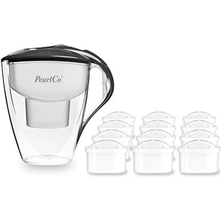 PearlCo Wasserfilter Astra (anthrazit) - mit 12 unimax Filterkartuschen - passend zu Brita Maxtra