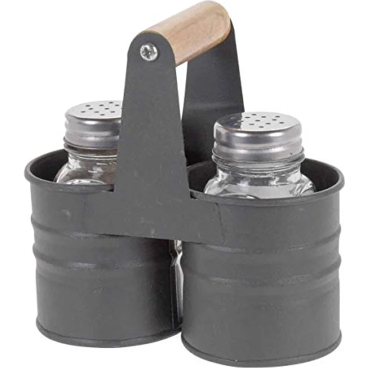 Koopman Salz- und Pfefferstreuer Set mit Halterung, 3-teiliges Menage mit Glasstreuern und rustikaler Metall-Halterung, grau – Bild 2