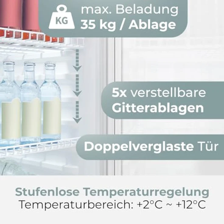 Bomann® KSG 7292, Getränkekühlschrank mit Glastür, 236L, Energieklasse C, MultiAirflow, 5 Gitterablagen, Temperatur 2-12°C, wechselbarer Türanschlag, weiß – Bild 5