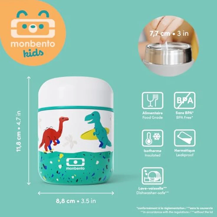 Monbento Capsule Graphic Dino, Lunch-Thermoskanne für Kinder, 280 ml, blau, spülmaschinenfest und kindgerechtes Design – Bild 4