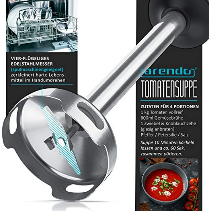 Arendo Stabmixer, 1200 Watt, Edelstahl, inkl. Schneebesenaufsatz, vierflügeliges Messer  – Bild 5