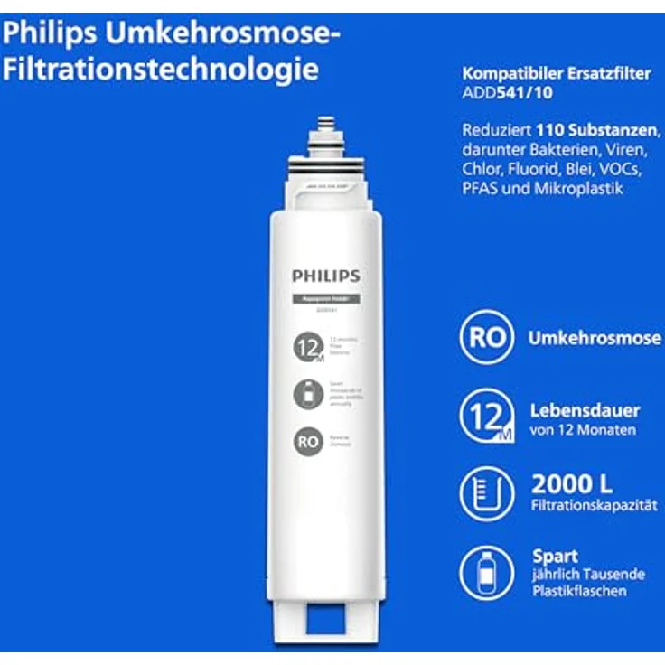 Philips ADD541RO Wasserfilter Ersatzkartusche, All-in-One RO-Filter mit Aquaporin Inside®, entfernt 110 schädliche Substanzen, 2000 L Filterleistung – Bild 3