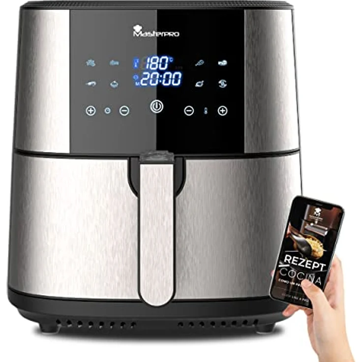 MasterPro Foodies - Fritteuse Ohne Öl, AirFryer XXL, 6L Fassungsvermögen und 1800W Leistung, 90% weniger Fett, Touchscreen-LED-Display und Antihaft-Korb, 8 Kochprograme, Grau – Bild 1
