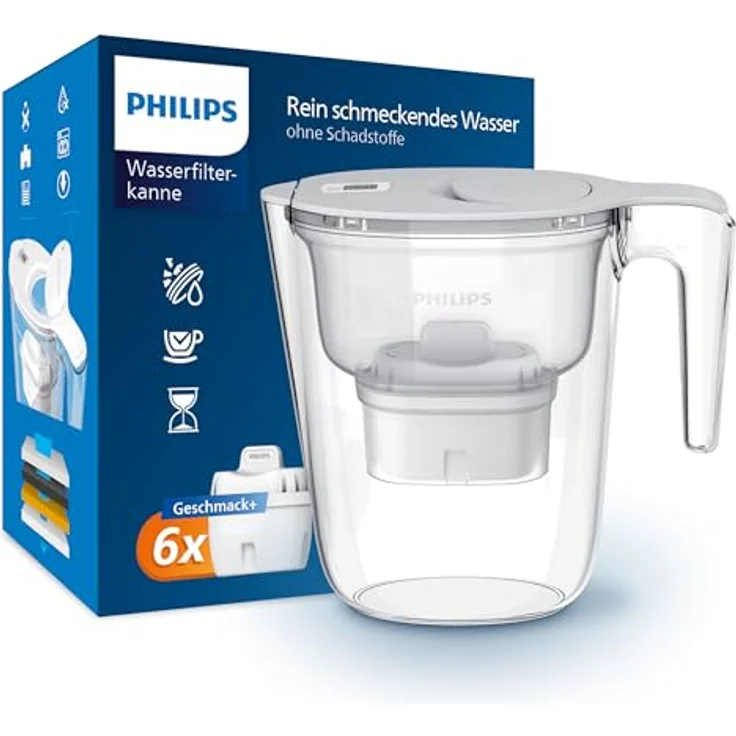 Philips Water Wasserfilterkanne, 2,6 L mit Geschmacksfilter, schneller Durchfluss, elektronischer Timer, filtert Chlor, Kalk, Schwermetalle und Mikroplastik – Bild 1