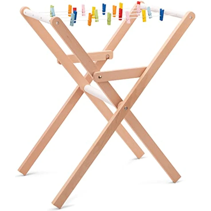 New Classic Toys Holz Spielzeug Wäscheständer mit 21 bunten Klammern und 4 Leinen, zusammenklappbar, fördert Feinmotorik und Fantasie – Bild 7