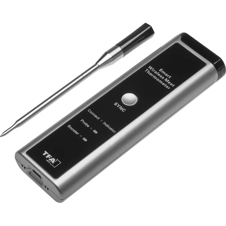 TFA Dostmann Bratenthermometer TFA 14.1515.10 Smart BBQ kabelloses Fleisch- Grillthermometer, Edelstahl mit Keramikgriff, Bluetooth 5.0
