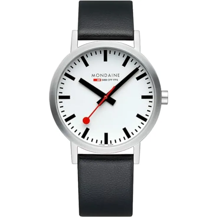 Mondaine Herren Analog Quarz Uhr mit Leder Armband A660.30360.16SBBV, minimalistisches Design, 30mm-Edelstahlgehäuse, weißes Zifferblatt, rote Krone, 3bar wasserdicht