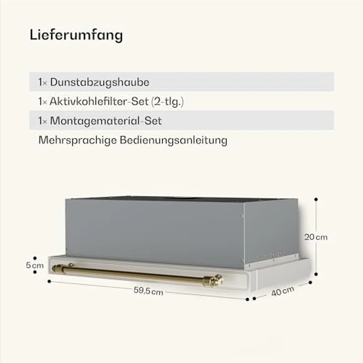 Klarstein Victoria Dunstabzugshaube, 60cm Unterbauhaube Retro, 358 m³/h, LED, ausziehbar, 2 Leistungsstufen, Aluminium- & Aktivkohlefilter, leise, Sahne – Bild 8