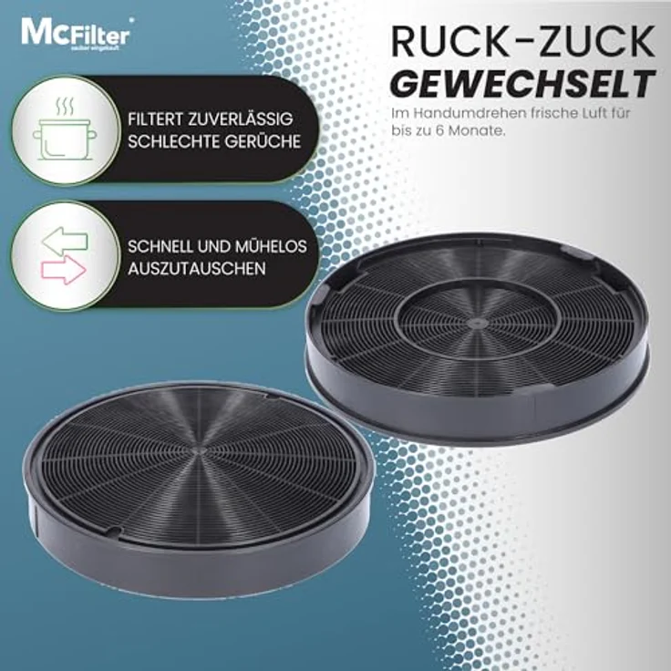 McFilter 4x Aktivkohlefilter Ø 200mm für Dunstabzugshaube - AEG/Electrolux 9029793578 EFF62, Franke 112.0016.755, Bosch/Siemens/NEFF 00748732 00748733 DHZ5316, Miele 06532971 DKF14-1 - Made in EU, Qualitätsmaterialien, effiziente Geruchsneutralisierung – Bild 4