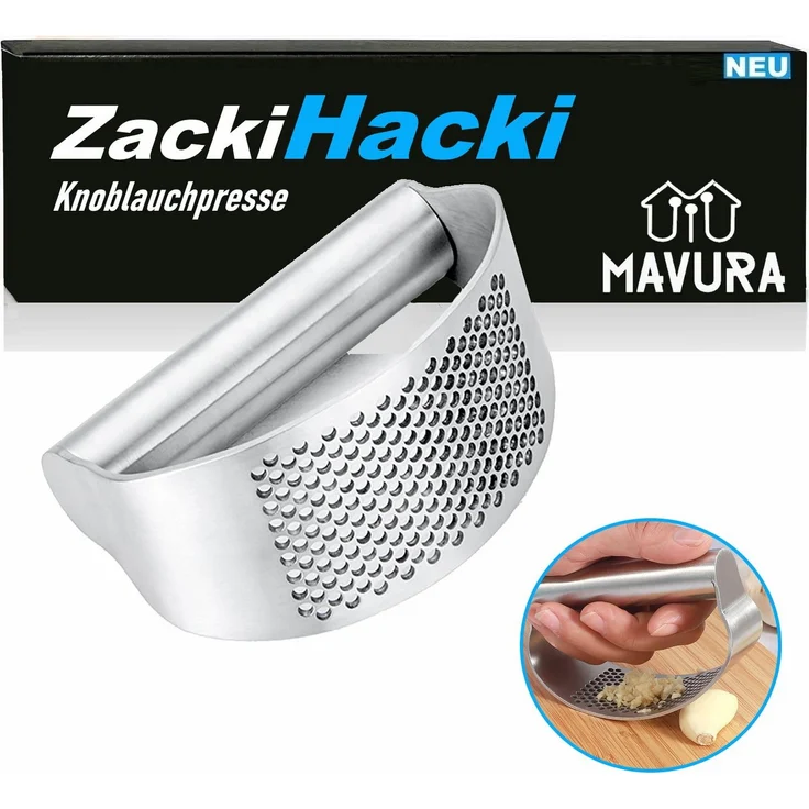 MAVURA ZackiHacki Knoblauchpresse Edelstahl, Silber - Schnell & einfach Knoblauch schneiden, Spülmaschinenfest, 10,5 cm x 7 cm