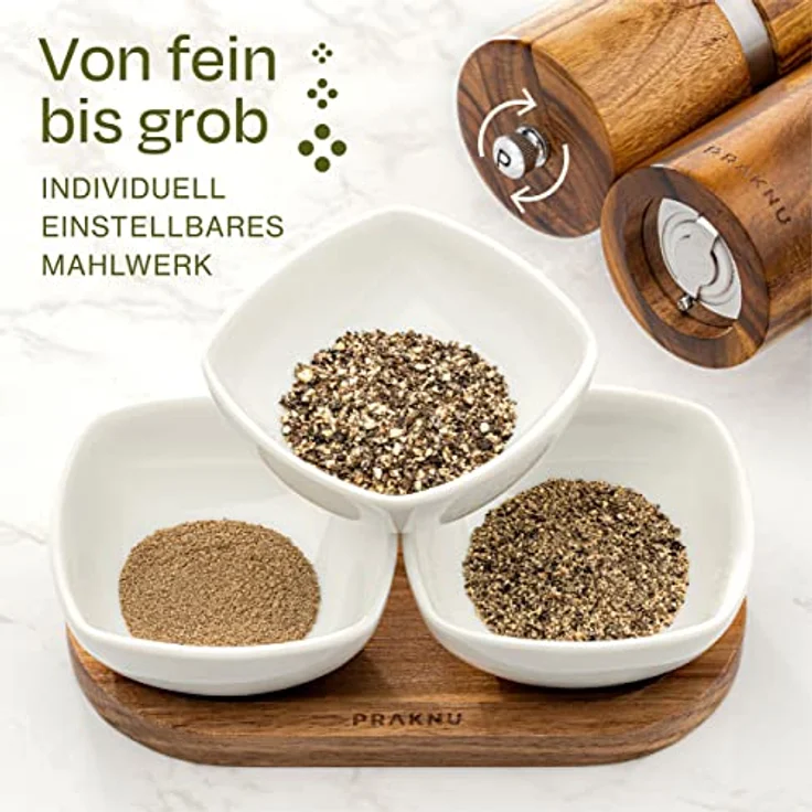 Salz und Pfeffermühle aus Akazienholz mit Untersetzer - Nachhaltiges FSC® Holz - Langlebiges Keramikmahlwerk - Plastikfrei – Bild 4