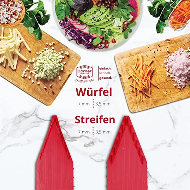 Börner V5 PowerLine Gemüsehobel Plus Set (7-tlg.) • Gemüseschneider (V-Hobel) für Obst & Gemüse + extra viel Zubehör • 8 Schnittarten • Küchenhobel-Set (Rot) - Preisvergleich – Bild 4