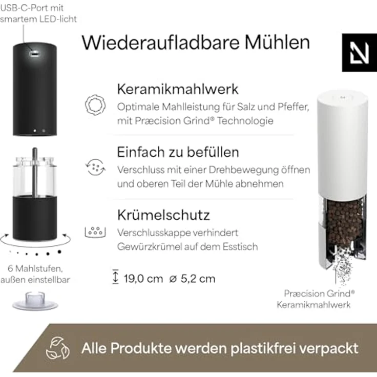 LARS NYSØM Gewürzmühle Stød, elektrische Salz- und Pfeffermühle mit LED-Licht, 2 Stück, Edelstahl, einhandbedienbar – Bild 4