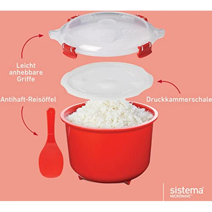 Sistema Microwave-Reiskocher, 2,6 l, runde Mikrowellen-Frischhaltedose (915 ml), BPA-frei, rot – Bild 3