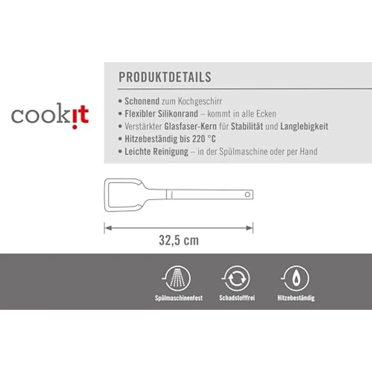 Woll Cook-It, Pfannenschaufel mit flexibler Silikonlippe, 6 cm breit, 32 cm lang, grau, hitzebeständig bis 220°, spülmaschinenfest – Bild 4