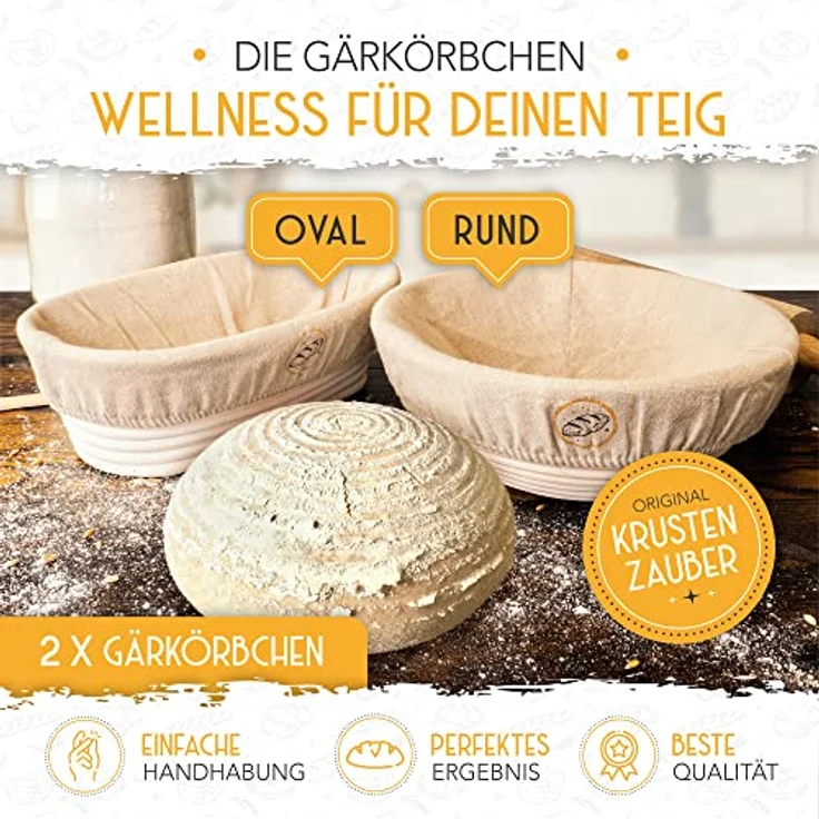 KRUSTENZAUBER Gärkorb + Bäckermesser - Set aus 2x Gärkörbchen u. 2x Teigmesser - Brot Backen Zubehör, Rattan, inkl. 20 Klingen – Bild 2