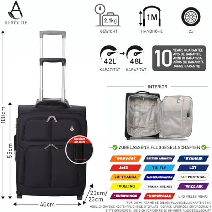 Aerolite Erweiterbar Bordgepäck Koffer 55x40x20cm - 2 Rollen, erweiterbar auf 55x40x23cm, kompatibel mit Lufthansa, Eurowings, Schwarz – Bild 3