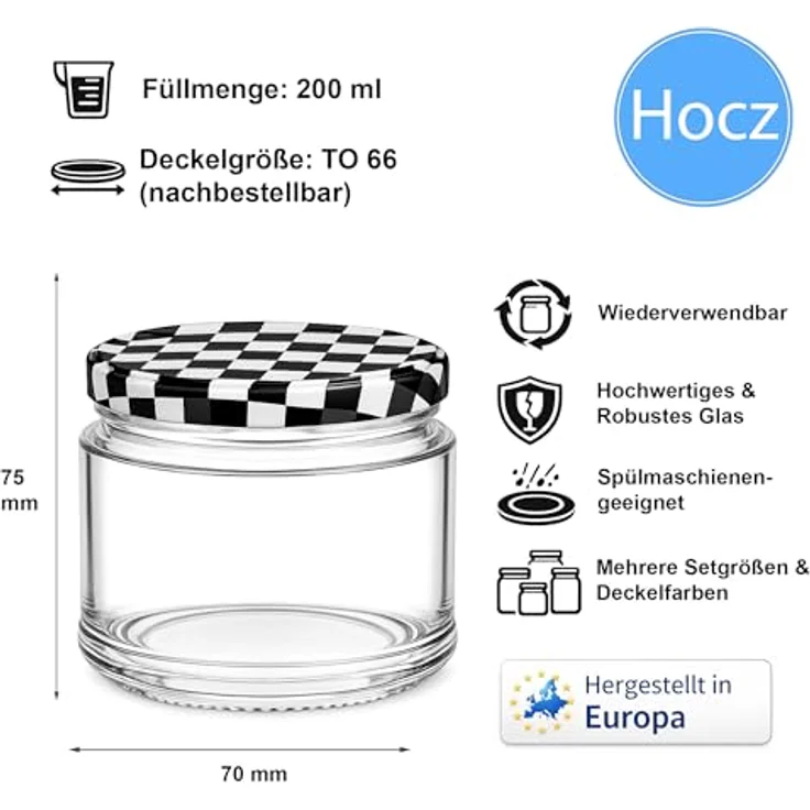 hocz 100x Marmeladengläser 200 ml, Einmachgläser mit schwarzem kariertem Deckel TO 66, luftdicht und spülmaschinenfest, leere Schraubgläser Set, 100 Stück – Bild 2