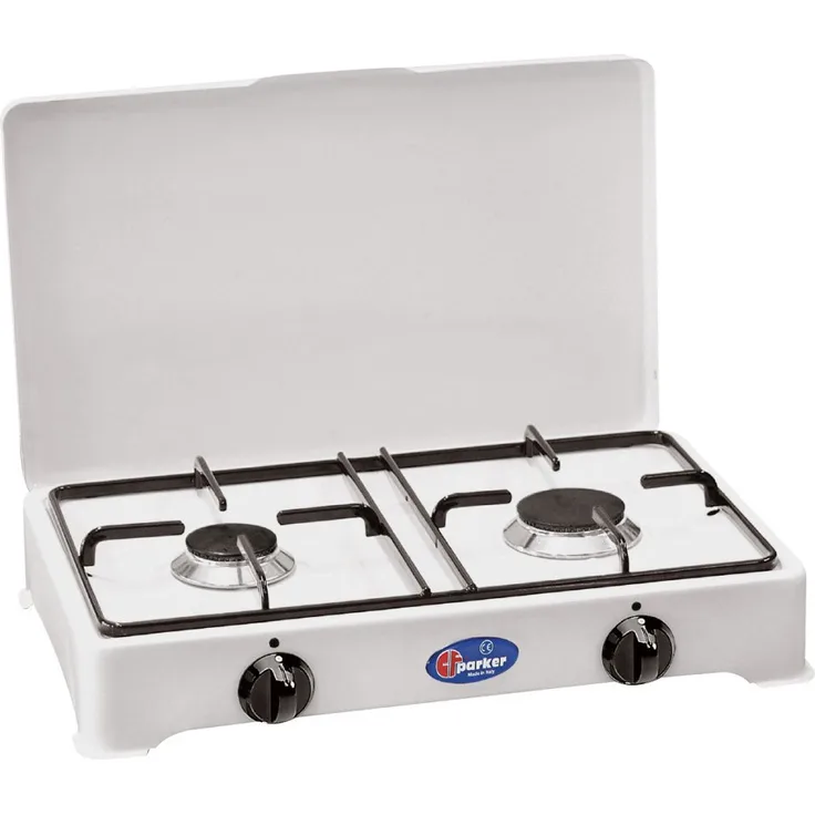 PARKER Zweiflammiger Kocher, weiß emailliert, mit Zündsicherung und 2,3 kW sowie 1,65 kW Leistung