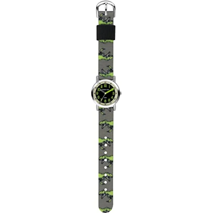  JACQUES FAREL Kinder-Armbanduhr Lernuhr Jungen Analog Quarz mit Stoffband Textilband Dinosaurier T-Rex Grau Schwarz Grün IPS 28mm KPS 605 – Bild 2