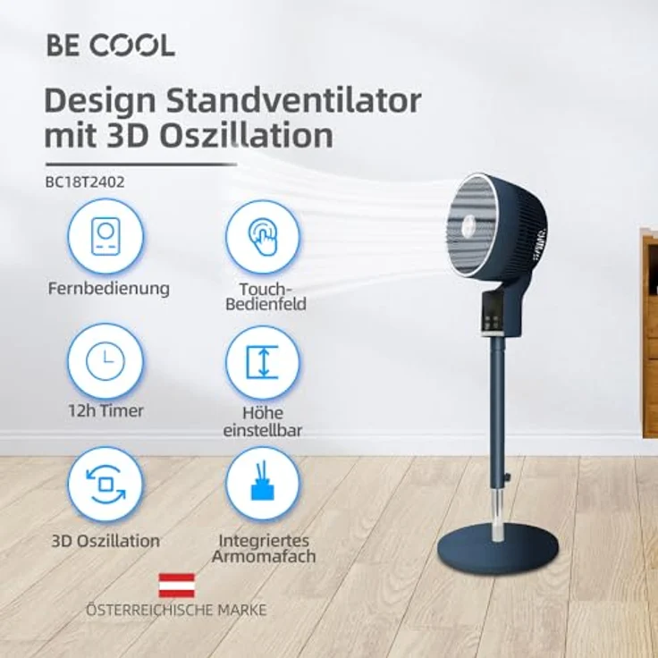 Be Cool Design-Standventilator 26cm, 50 Watt, 3D-Oszillation, höhenverstellbar 80-105 cm, 12 Std. Timer, Aromabox, mit Fernbedienung, blau – Bild 2