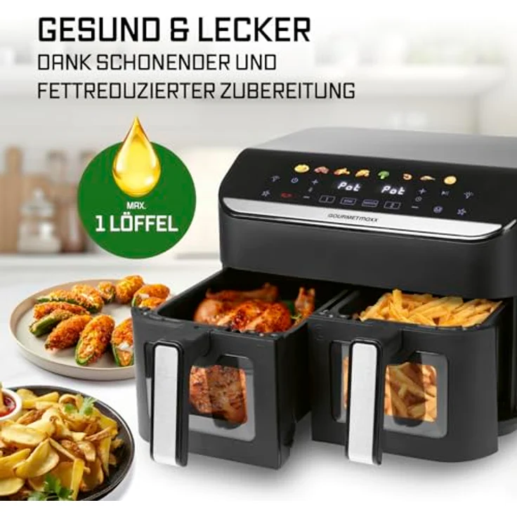 GOURMETmaxx AirGenius 2-Kammer-Heißluftfritteuse, 9 Liter (2 x 4,5 l) mit Multi-Color LED-Touchdisplay, Mattschwarz, 2400 Watt – Bild 9