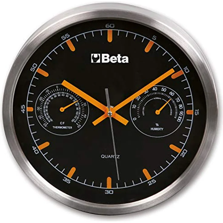 Beta 9594 Wanduhr mit Thermometer und Luftfeuchtigkeitsmesser, Multifunktionale Quarzuhr für die Werkstatt (26 cm Durchmesser, misst Temperatur und Luftfeuchtigkeit), Schwarz/Orange/Silber – Bild 1