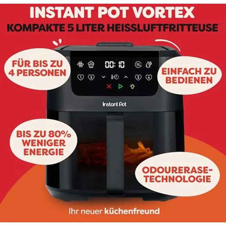 Instant Pot Vortex Compact, Heißluftfritteuse 5 l, 4 in 1 – Heißluftfrittieren, Backen, Trocknen, Aufwärmen, Schwarz, spülmaschinenfest, Antihaftbeschichtung – Bild 2