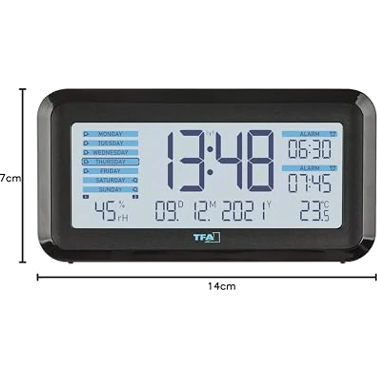 TFA Dostmann Funk-Wecker Boxx2 digital, 60.2562.01.GB, mit Akku, 2 Alarmzeiten, englisches Display, mit Thermo-Hygrometer, schwarz-türkis, (L) 138 x (B) 52 x (H) 72 mm – Bild 5