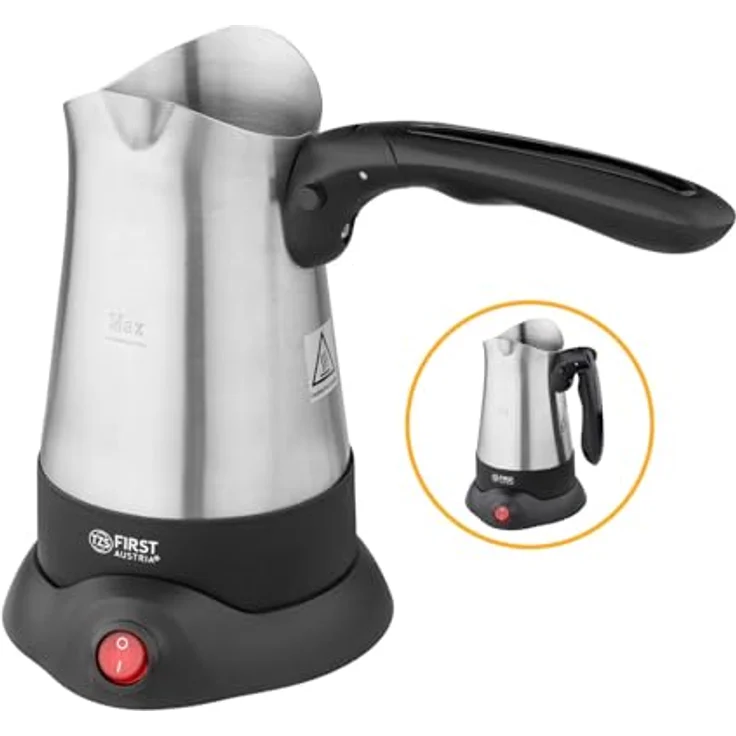 TZS FIRST AUSTRIA Kaffeebereiter, Edelstahl Mokkakocher mit 800W Leistung, 300ml, 360° drehbare Basisstation, klappbarer Griff, auch als Wasserkocher verwendbar – Bild 1