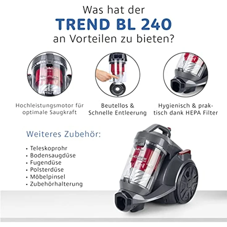 Fakir BL 240 Trend-beutelloser-Bodenstaubsauger, Sauger-ohne-Beutel mit Hocheffizienzmotor, HEPA-Filter, langes Kabel, sehr leise, großer Aktionsradius, anthrazit-rot - 700 Watt – Bild 5