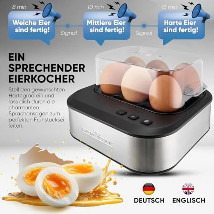 ProfiCook® PC-EK 1276 sprechender Eierkocher | kocht weich/mittel/hart | 6 Eier | Edelstahl mit Härtegradeinstellung – Bild 2