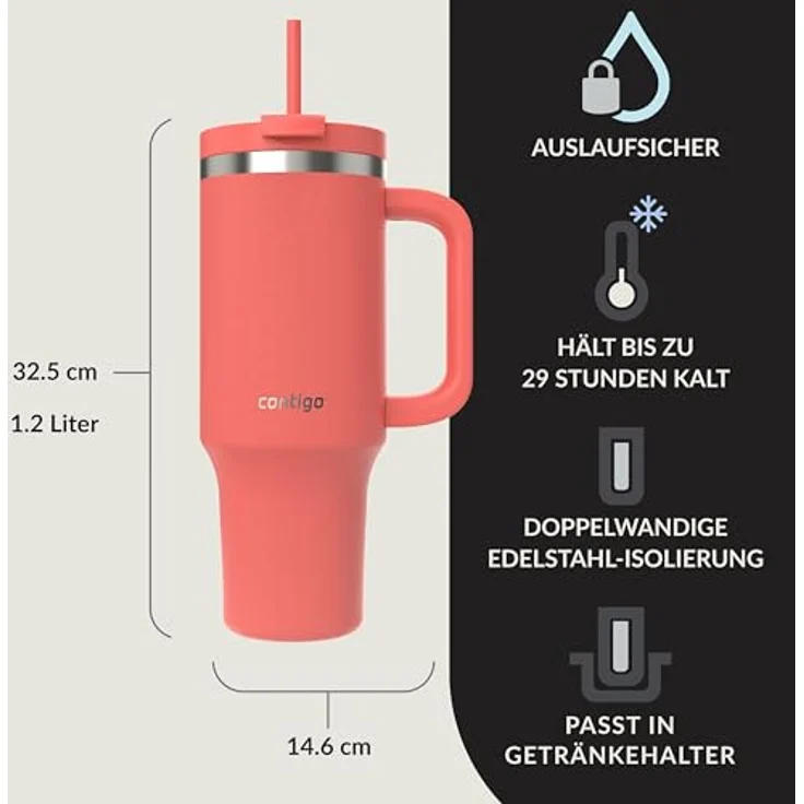 Contigo Streeterville Thermosflasche 1200 ml, isolierte Edelstahl-Trinkflasche mit Henkel und Strohhalm, kühlt 29 Stunden, BPA-frei, spülmaschinenfest – Bild 2