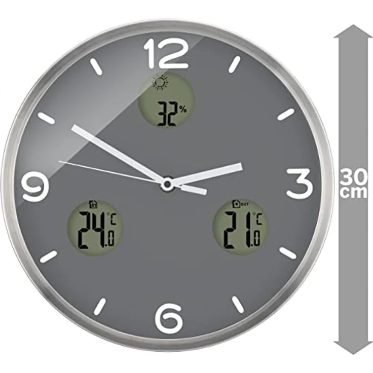 Bresser MyTime io NX Funk-Wanduhr mit Thermometer und Hygrometer - 30 cm Durchmesser, grau, 8020211MGU000 – Bild 2