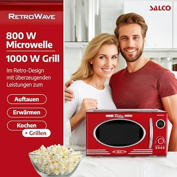 Salco Microwave 2-in-1 | Retro Style | Capacity 23 L | 900 W | 12 Programmes Including Defrosting and Heating | Express Function | Turntable and Grill Grid Included | Red Metallic